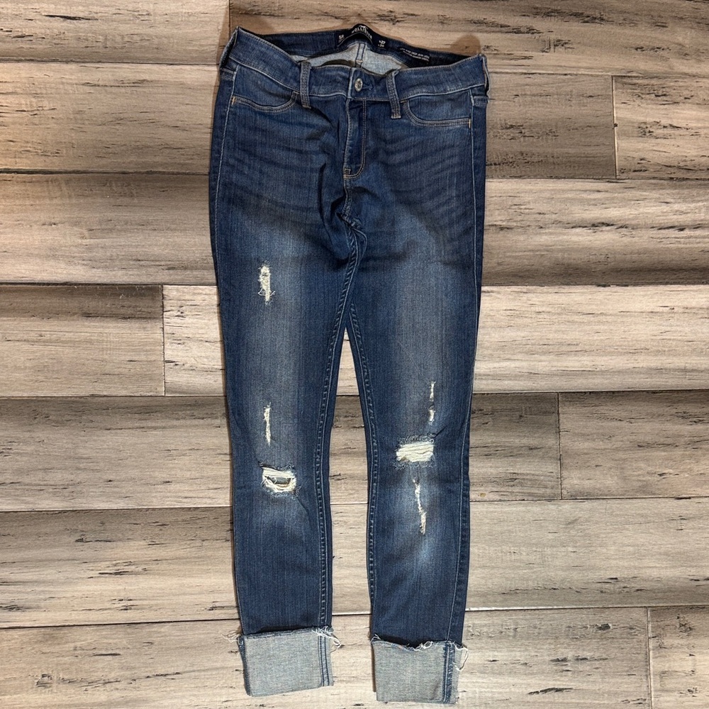 Hollister Women's Dark Blue Distressed Cuffed Jeans